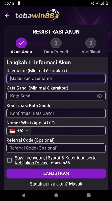 Tampilan halaman daftar tobawin88